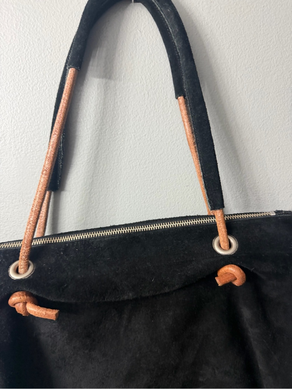 Dean Black Suede Tote Bag with Tan Handle Accents - Picture 6 of 11